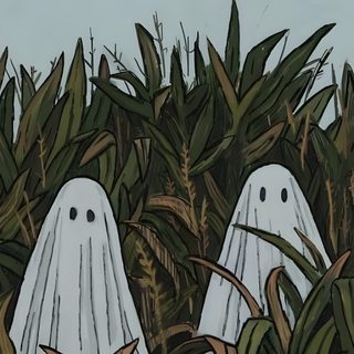 two white ghost figures standing in the middle of tall grass Halloween Ghost Computer Halloween Aesthetic Computer, Desktop Halloween Aesthetic, Halloween Laptop Aesthetic, dark slate gray