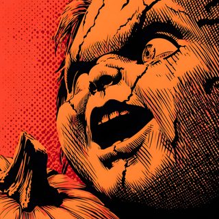 an orange and black drawing of a child with a pumpkin in front of her face Chucky Halloween Horror Fantasy, Indie Drawings, Halloween Horror Movies, Chucky Wall Paper, brown