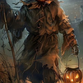 a scarecrow with two jack - o - lanterns in his hands, walking through the grass Halloween Scarecrow Scary Scarecrows, Spooky Scarecrow, Creepy Scarecrow, dark slate gray