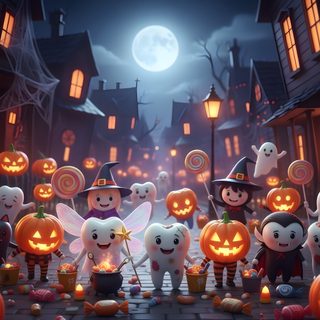 a group of halloween characters standing in front of pumpkins Dental Halloween Desktop Halloween Town Dentist, Halloween Teeth, Halloween Dental Humor, dark slate gray