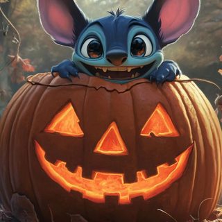 Stitch hiding inside a giant carved pumpkin peeking out with a grin. Cute Halloween Disney Computer Desktop, Pumpkin Carving, Cartoon, Hd, Festival Decorations, dark olive green