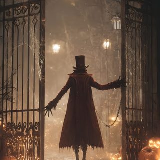 a man in a red coat and top hat walking into an iron gate Halloween Watch Your Back Halloween Iphone, Pumpkin Head, Creepy Dolls, dark olive green