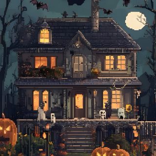 a house decorated for halloween with pumpkins and jack - o'- lanternes Halloween Pixel Art Gif Pixel Pattern, Home, Halloween Art, Haunted House, Pixel Art, dark slate gray