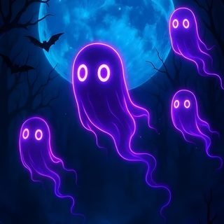 three purple jellyfish floating in front of a full moon with bats and pumpkins Spooky Neon Halloween Fireworks Images, Happy Halloween Pictures, Halloween Backgrounds, midnight blue