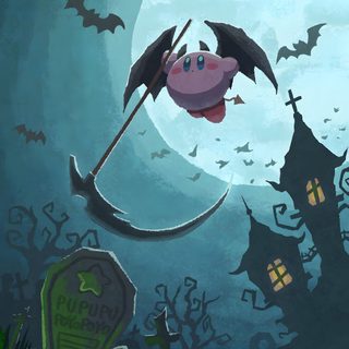 an illustration of a bat flying over a graveyard Kirby Halloween Iphone Kirby Halloween Official Art, Kirby Fall, Kirby Halloween Pfp, dim gray