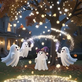 three ghostes in front of a tree with lights on it and some leaves around them Halloween Ghost Tree dark slate gray