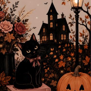 a black cat sitting on top of books next to a lamp post and pumpkins Halloween And Fall Iphone Halloween Theme Background, Cute Halloween For Phone, Aesthetic Halloween, saddle brown