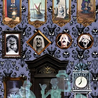 there are many pictures on the wall with different things to see in this photo, Haunted Mansion Halloween Haunted Mansion Door, Haunted Mansion Ideas, Haunted Mansion Halloween, dim gray