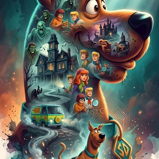 the scooby movie poster is shown with many characters and their names on it Halloween Scooby Doo dim gray