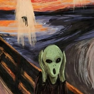 an alien is standing in front of a painting Alien Halloween Screaming Alien, The Scream Painting, The Scream Painting Versions, dark olive green