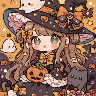 a girl in a witch costume with her cat and pumpkins on the ground, Anime Kawaii Halloween indian red