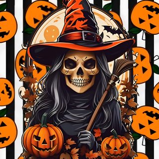a skeleton wearing a witches hat and holding a broom in front of pumpkins with jack - o'- lanterns Spirit Halloween saddle brown