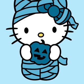 hello kitty holding a jack - o'- lantern in her arms and wearing a blue scarf Blue Hello Kitty Halloween Mummy Hello Kitty Drawing, Blue Halloween Characters, Blue Hello Kitty Halloween, pale turquoise