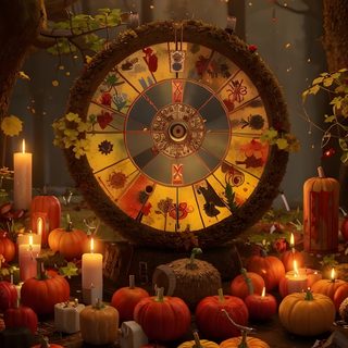 a table topped with lots of pumpkins next to candles and an astro wheel in the middle Halloween Celtic Mabon Iphone, Autumn Equinox, Samhain Iphone, Imbolc Screensaver, maroon