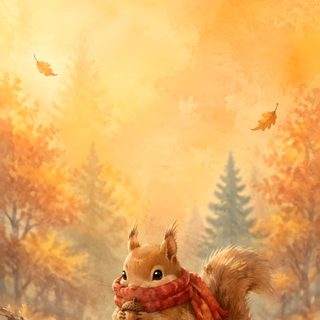 a painting of a squirrel sitting on top of a tree branch with autumn leaves around it Squirrel Halloween Animal Art Prints, Fall Pictures, Halloween Pictures, Autumn Forest, sandy brown