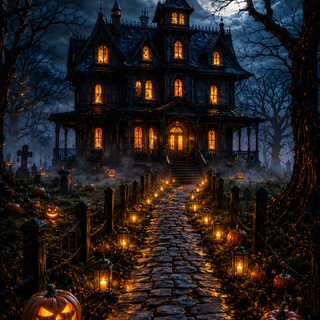 a creepy house with pumpkins on the ground and lights lit up in front of it Halloween Creepy House black