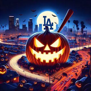 a pumpkin with a baseball bat on top of it in front of a city at night Dodgers Halloween Los Angeles California, Los Angeles, Angel, California, dark slate gray
