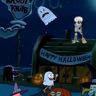 cartoon characters dressed up in halloween costumes on a street at night with bats and ghost Halloween Spongebob Fall Spongebob, Scary Spongebob Halloween, Halloween Spongebob, midnight blue