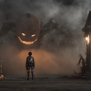 a man standing in front of a creepy pumpkin house Halloween Attack Ultrawide Halloween, Horror 4k Pc, Engine Halloween, Scary Desktop 4k, dark slate gray