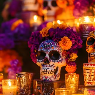 a table topped with candles and skulls covered in flowers Mexican Halloween Ideas De Altares De Muertos, Mexico Halloween, De Los Muertos, saddle brown