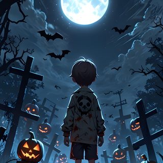 a boy standing in the middle of a cemetery at night with pumpkins and bats Halloween Boy dark slate gray