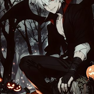 a man sitting on top of a tree stump next to jack - o'- lanterns Halloween Anime Boy Halloween Animes To Watch, Anime Bat Boy, Anime Ghoul Boy, black