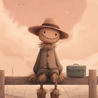 a scarecrow sitting on a fence with a suitcase in his hand and wearing a hat Halloween Scarecrow dark salmon