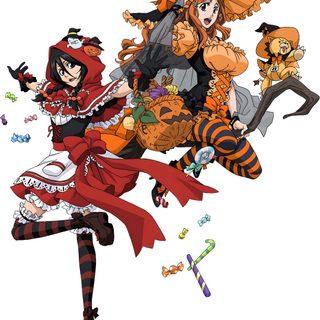 two anime characters dressed in halloween costumes and holding pumpkins, one is flying through the air Bleach Halloween Rukia Kuchiki Halloween, Bleach Halloween Art, Bleach Halloween Pfp, white