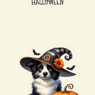 a black and white dog wearing a witches hat next to two jack o lantern pumpkins Dog Halloween Iphone Cute Dog Halloween, Halloween Dog Background, Dog Halloween Iphone, beige