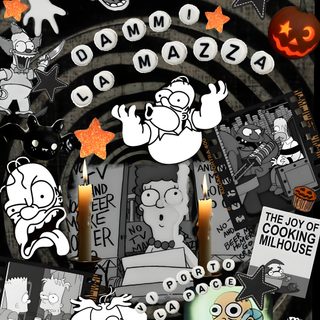 an animated halloween scene with pumpkins, candles and ghost characters on it's screen Bart Simpson Halloween dim gray