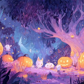 a painting of halloween pumpkins in the woods at night with cats and bats around them Pastel Halloween Desktop Cute Halloween Pc, Cute Halloween Pc Background, Cute Halloween Computer, dark slate blue