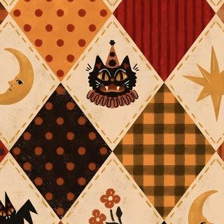 a patchwork pattern with cats, stars and pumpkins on the bottom right corner Quirky Halloween Whatnot Background, Whimsy Halloween, Halloween Pattern Background, peru