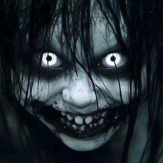 a creepy looking woman with white eyes and black hair Terrifying Halloween black
