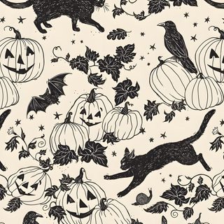 a black and white halloween pattern with cats, bats, pumpkins and other decorations Halloween Cat Themed Halloween Background Ipad Aesthetic, Ipad Spooky, Halloween Mood, antique white