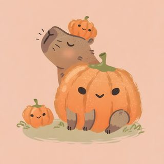 two pumpkins and a dog are sitting on the ground with their faces painted to look like they're hugging Capybara Halloween Capybara With Autumn Leaves Illustration, Cute Capybara Halloween, Halloween Capybara Drawing, wheat