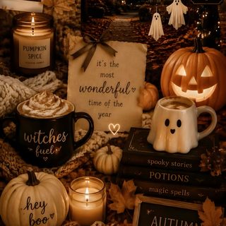 a table topped with pumpkins and candles next to cards that read, witches brew Halloween Vibes maroon