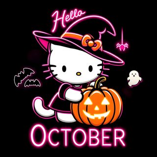 hello kitty is holding a pumpkin and wearing a witches hat with the word october on it Halloween With Hello Kitty In A Hat Hello Kitty Halloween Party, Heat Press Designs, Hello Kitty Backgrounds, black
