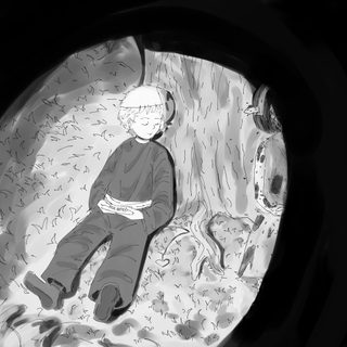 a man sitting on the ground next to a tree Missing Halloween Missing Halloween Fanart, Missing Halloween, Fan Art, Halloween, dim gray