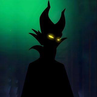 the silhouette of a demon with glowing eyes in front of green and black background, Halloween Villains black