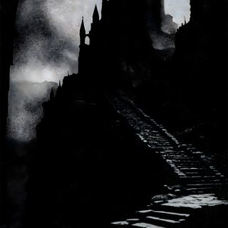 an image of a castle at night with stairs going up to the castle and moon in the sky Halloween Gothic Ideas Dark Evil Castle, Dark Fantasy Citadel, Haunted Gothic Castle, Dark Soul Castle, black