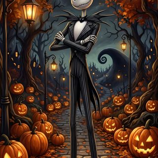 a skeleton standing in the middle of a road with pumpkins Happy Halloween Jack Skellington Jack Skellington Fall, The Nightmare Before Christmas, Clay Mation, dark slate gray