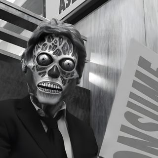 a man in skeleton makeup holding a sign that says stay asleep John Carpenter Halloween They Live Costume, They Live Black And White, They Live Cosplay, dim gray
