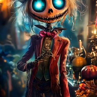 a cartoon character with blue eyes wearing a top hat and holding a pumpkin in his hand Happy Halloween Live Scary Halloween Scarecrow, Scary Scarecrows, Spooky Scarecrow, dark slate gray