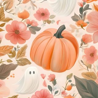 an orange pumpkin surrounded by flowers and leaves on a pink background with white ghost in the middle Halloween Floral Aesthetic Autumn Floral Pattern, Fall Decor Inspiration, Halloween Ghost Illustration, burlywood