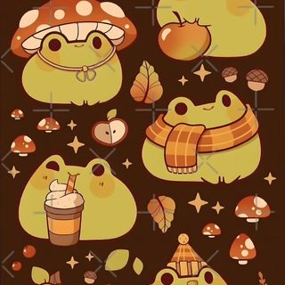 an image of cartoon animals with autumn decorations on the background, including pumpkins and mushrooms Cute Halloween Frog Cute Kawaii Mushrooms, Cute Fall Drawing, Fall Cute Drawings, Autumn Animal, saddle brown