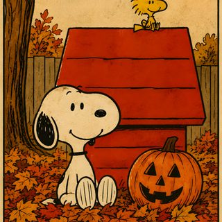 a charlie brown pumpkin sitting next to a dog house Peanuts Halloween saddle brown