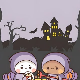 two cartoon characters are sitting on the ground in front of a spooky house Bubu Dudu Halloween Panda Fall, Milk And Mocha Bear Halloween, Milk Mocha Halloween, silver