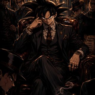 an anime character sitting in a chair with other people around him and holding his head Halloween Goku Goku 2, The Godfather, Anime Dragon Ball, Dragon Ball, black