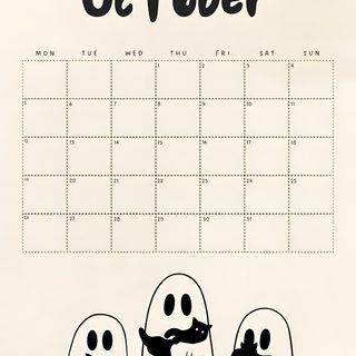 a calendar with three ghost characters on it and the words october written in black ink Halloween Calendar linen