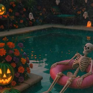 a skeleton floating on an inflatable raft next to a pool with halloween decorations Halloween Summerween Pumpkin Pool, Summer Halloween, Summerween Ideas Aesthetic, dark slate gray